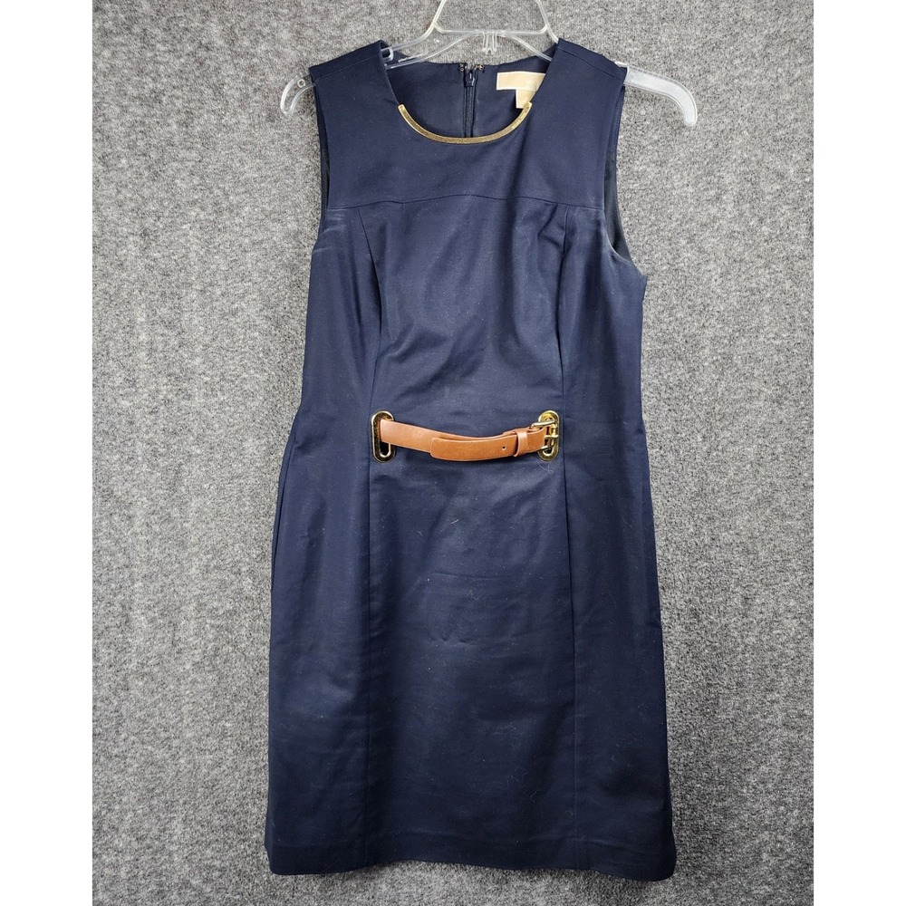 Michael Kors Sheath Dress Womens 8 Navy Blue Gold Hardware Faux Leather Belt EUC